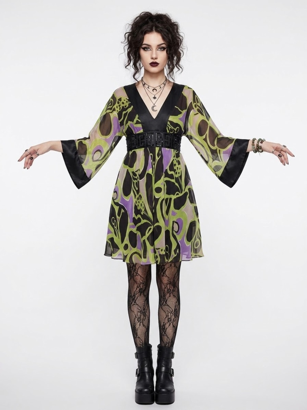 Y2K Zara 100% Silk Kimono Sleeve Midi Dress Jeweled V-Neck Fairycore Witchy Club